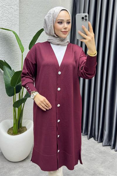 Düğme Detaylı Basic Triko Hırka 2529 Bordo