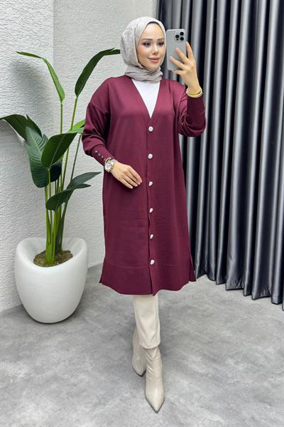 Düğme Detaylı Basic Triko Hırka 2529 Bordo