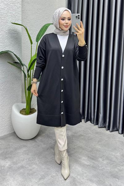 Düğme Detaylı Basic Triko Hırka 2529 Siyah