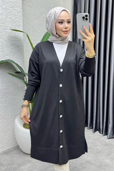 Düğme Detaylı Basic Triko Hırka 2529 Siyah