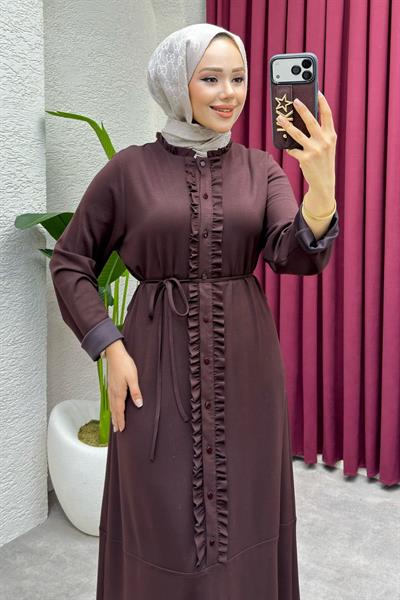 Ebru Düğme Detaylı Oyşo Elbise 6416 Kahverengi