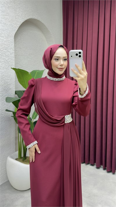Efsun Şifon Detay Abiye 8058 Bordo