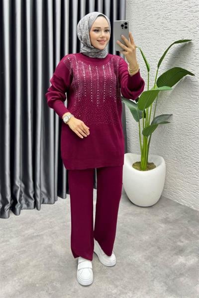 Elissa Taşlı Triko Takım 1109 Bordo
