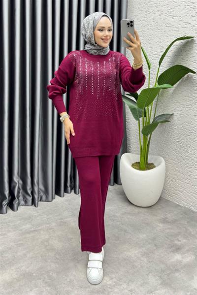 Elissa Taşlı Triko Takım 1109 Bordo