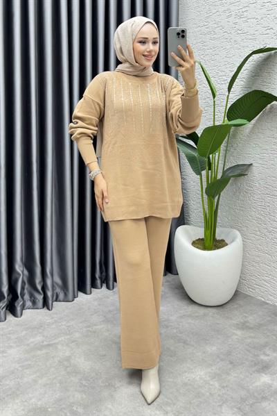 Elissa Taşlı Triko Takım 1109 Latte