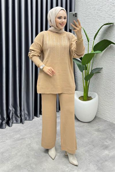 Elissa Taşlı Triko Takım 1109 Latte