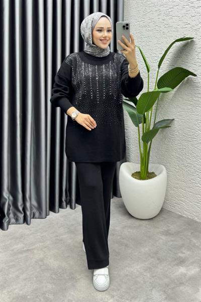 Elissa Taşlı Triko Takım 1109 Siyah