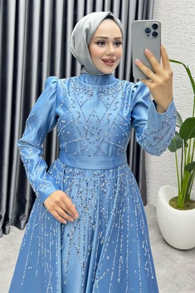 Elsa Taş Detaylı Saten Abiye 6635 Bebe Mavisi