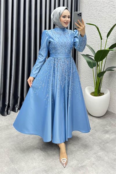Elsa Taş Detaylı Saten Abiye 6635 Bebe Mavisi