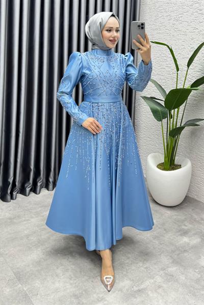 Elsa Taş Detaylı Saten Abiye 6635 Bebe Mavisi