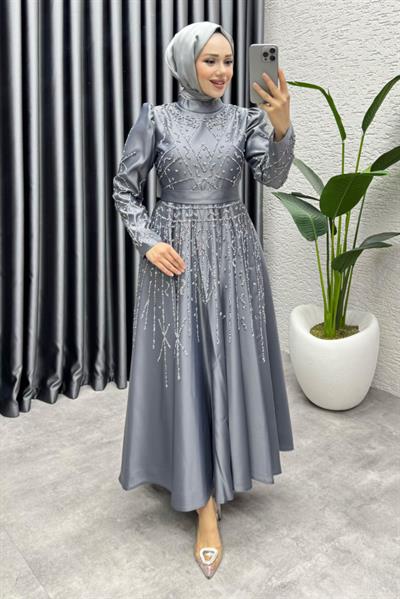 Elsa Taş Detaylı Saten Abiye 6635 Gri