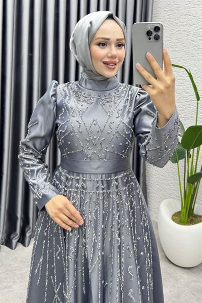 Elsa Taş Detaylı Saten Abiye 6635 Gri