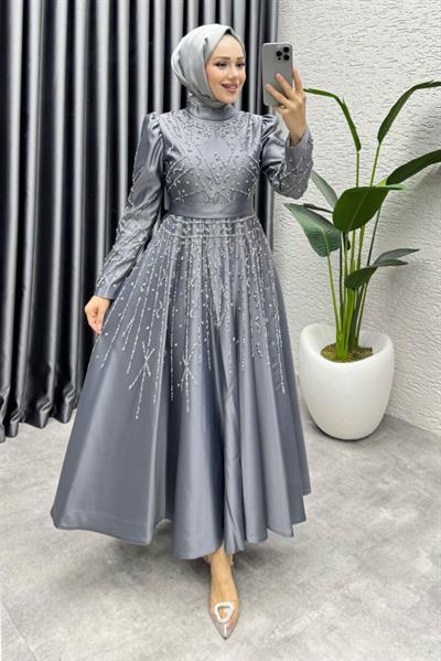 Elsa Taş Detaylı Saten Abiye 6635 Gri