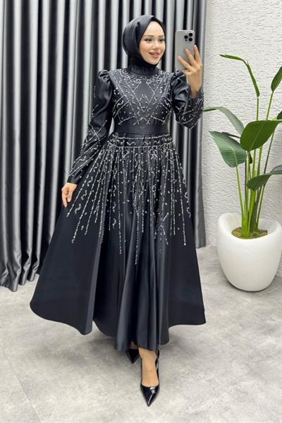 Elsa Taş Detaylı Saten Abiye 6635 Siyah