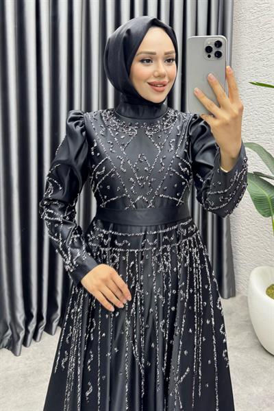 Elsa Taş Detaylı Saten Abiye 6635 Siyah