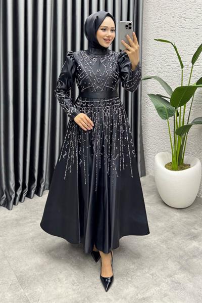 Elsa Taş Detaylı Saten Abiye 6635 Siyah