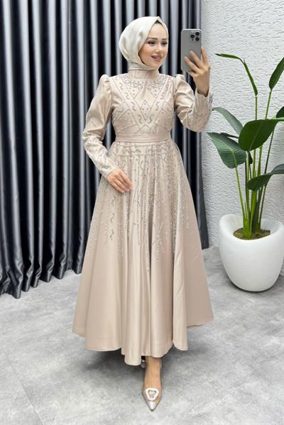 Elsa Taş Detaylı Saten Abiye 6635 Vizon
