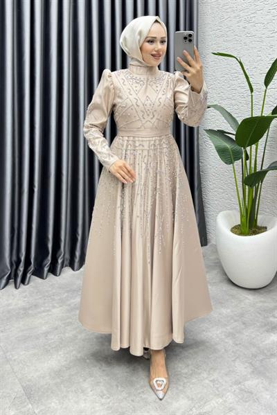Elsa Taş Detaylı Saten Abiye 6635 Vizon