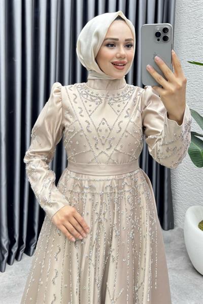 Elsa Taş Detaylı Saten Abiye 6635 Vizon