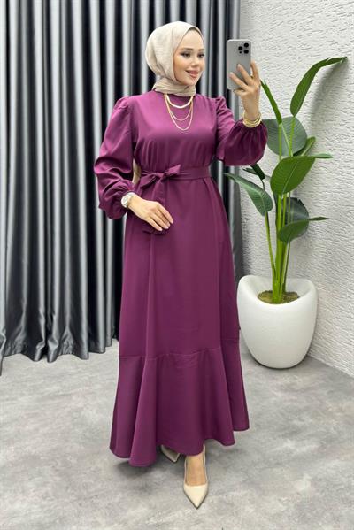 Eteği Volanlı Krep Elbise 1002 Bordo