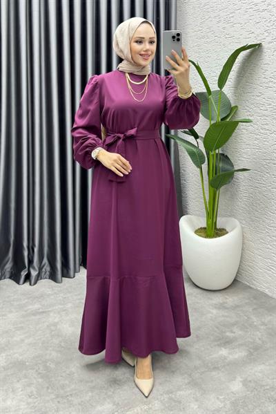 Eteği Volanlı Krep Elbise 1002 Bordo