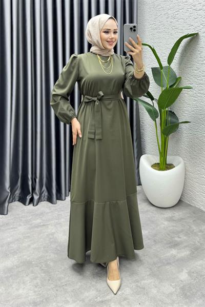 Eteği Volanlı Krep Elbise 1002 Haki