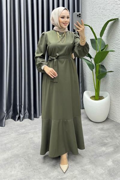 Eteği Volanlı Krep Elbise 1002 Haki
