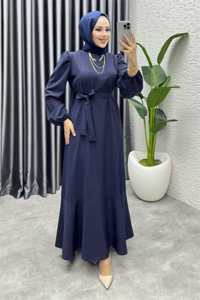 Eteği Volanlı Krep Elbise 1002 Lacivert