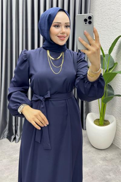 Eteği Volanlı Krep Elbise 1002 Lacivert