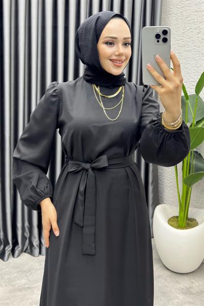 Eteği Volanlı Krep Elbise 1002 Siyah
