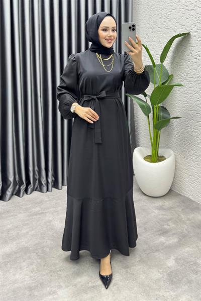 Eteği Volanlı Krep Elbise 1002 Siyah