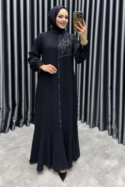 Etek Ucu Volanlı Taş Detaylı Elbise 6197 Siyah