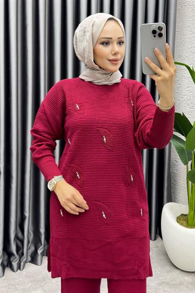 Eylül Taş Detaylı Triko Takım 1208 Bordo