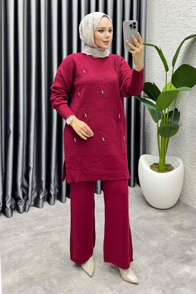 Eylül Taş Detaylı Triko Takım 1208 Bordo