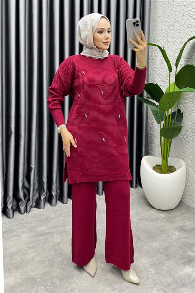 Eylül Taş Detaylı Triko Takım 1208 Bordo
