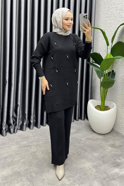 Eylül Taş Detaylı Triko Takım 1208 Siyah