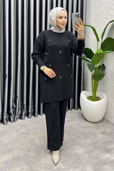 Eylül Taş Detaylı Triko Takım 1208 Siyah