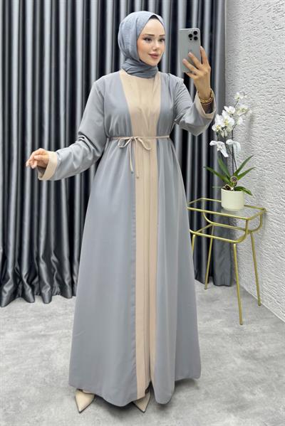 Garni Detaylı İkili Abaya Takım 6220 Gri