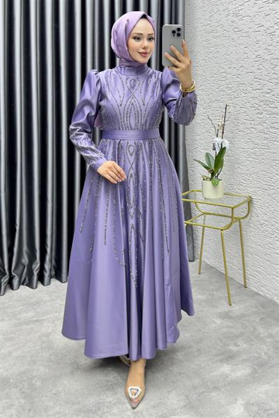 Gökçe Taş İşlemeli Abiye 6636 Lila
