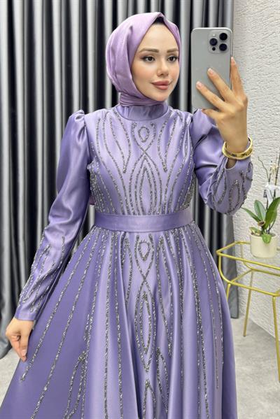 Gökçe Taş İşlemeli Abiye 6636 Lila