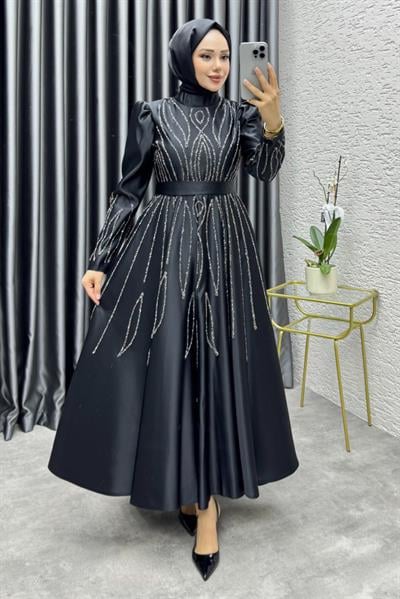 Gökçe Taş İşlemeli Abiye 6636 Siyah