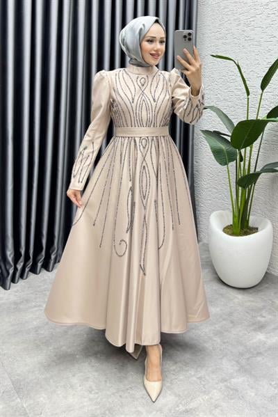 Gökçe Taş İşlemeli Abiye 6636 Vizon