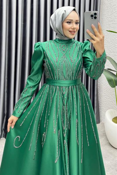 Gökçe Taş İşlemeli Abiye 6636 Zümrüt