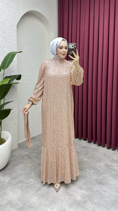 Gülçe Eteği Volan Abiye 6651 Vizon