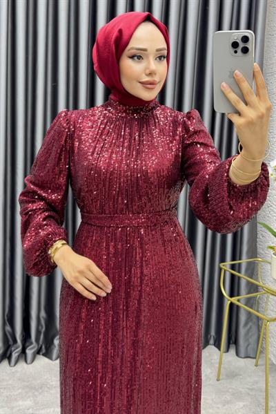 Gülçe Eteği Volanlı Payet Elbise 6651 Bordo