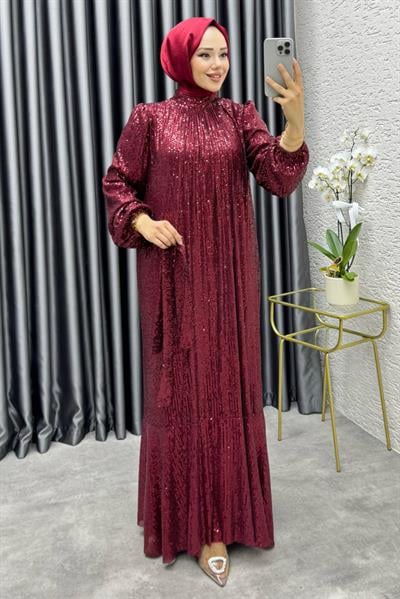 Gülçe Eteği Volanlı Payet Elbise 6651 Bordo