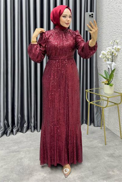 Gülçe Eteği Volanlı Payet Elbise 6651 Bordo