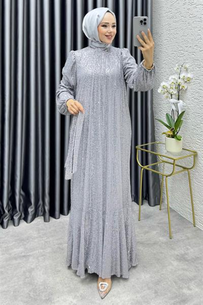Gülçe Eteği Volanlı Payet Elbise 6651 Gri