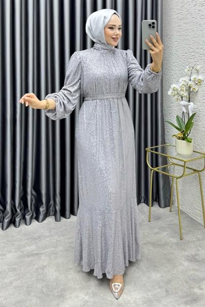 Gülçe Eteği Volanlı Payet Elbise 6651 Gri