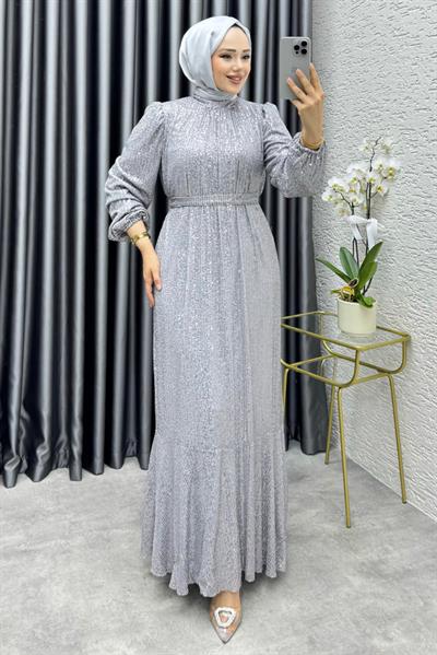 Gülçe Eteği Volanlı Payet Elbise 6651 Gri